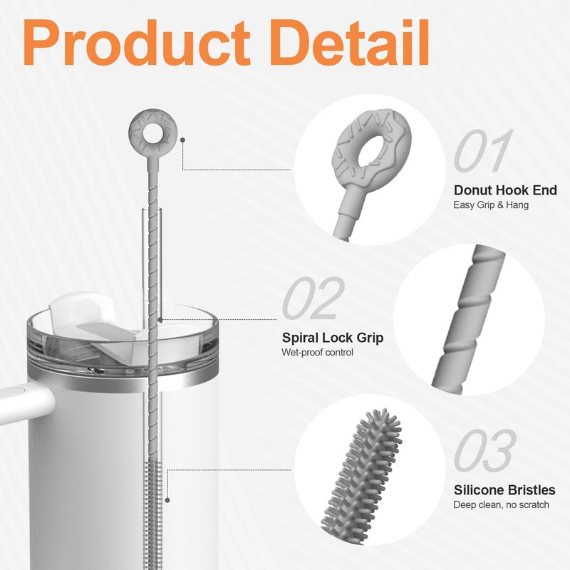 YOTIME Silicone Straw Cleaner Brush, 2 Pcs Reusable Straw Brush(6mm+9mm) for Cleaning Narrow & Wide Straws, Tumblers, Gray - Image 3